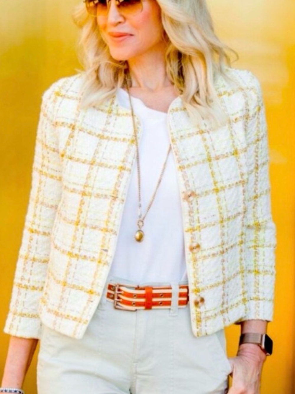 Cabi CoCo White & Yellow Tweed Blazer Sz M